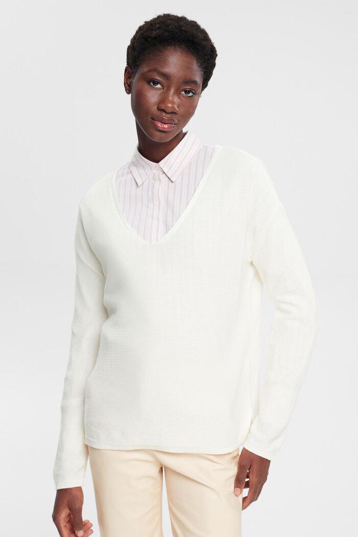 Textured knit V-neck jumper, OFF WHITE, detail image number 0