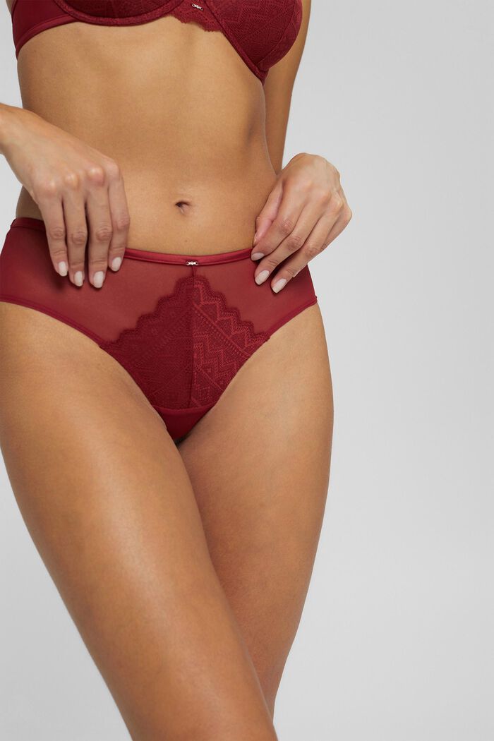 Made of recycled material: Brazilian shorts with lace, CHERRY RED, detail image number 1