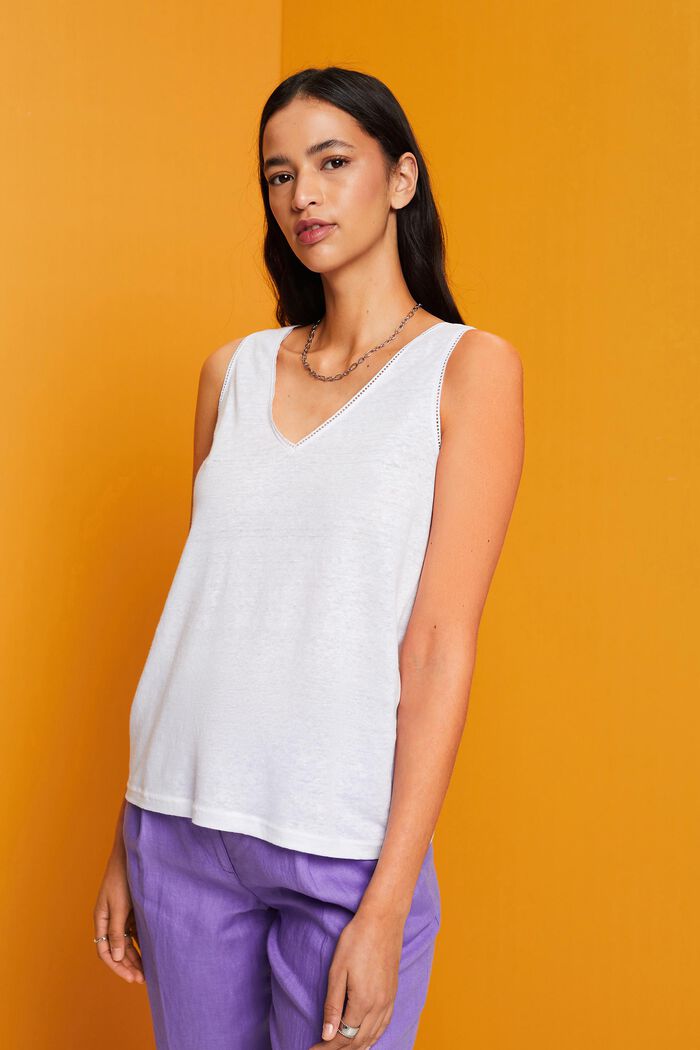 Linen tank top with crochet lace border, WHITE, detail image number 0