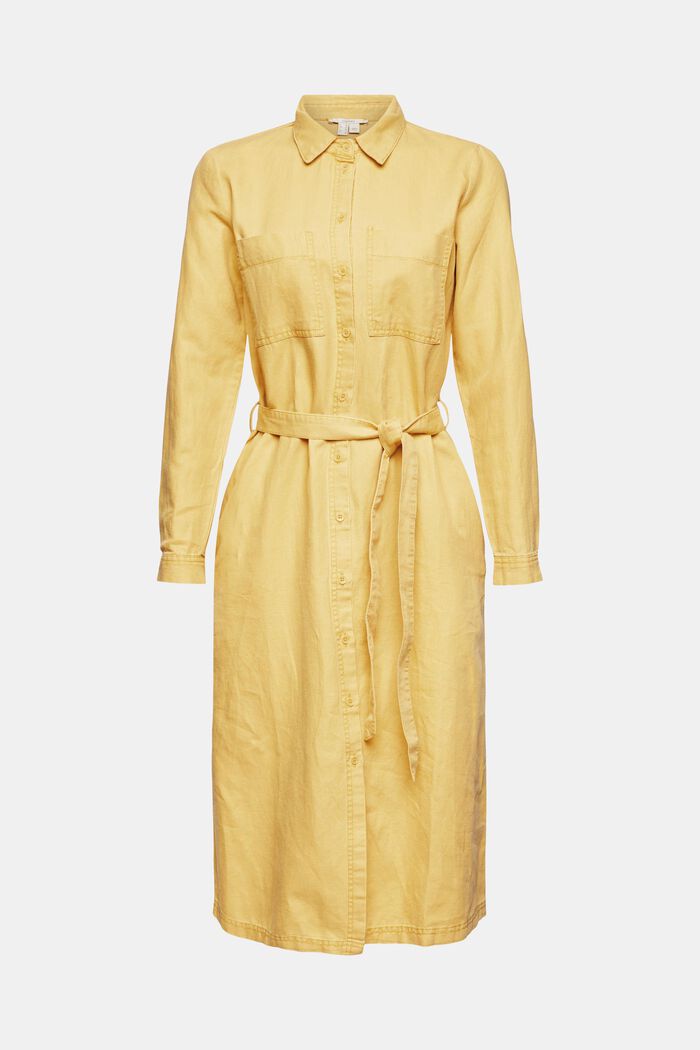 Made of blended linen: shirt dress with a belt, YELLOW, detail image number 6
