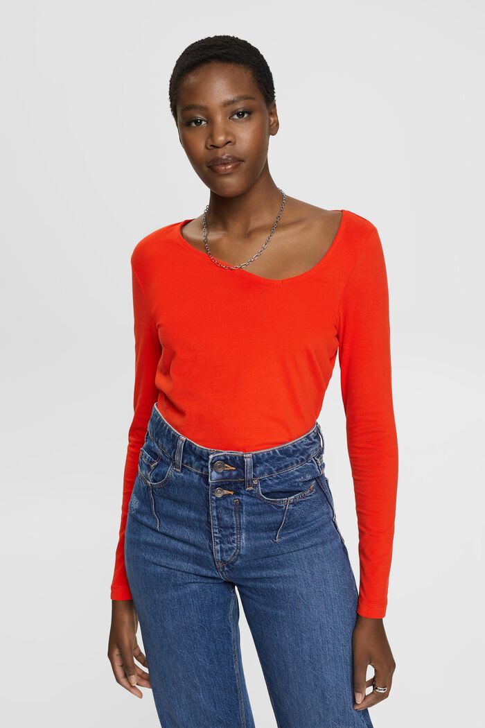 Long-sleeved top with asymmetric neckline, RED, detail image number 0
