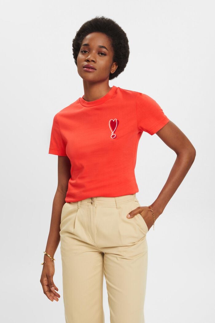 Cotton T-shirt with embroidered heart motif, ORANGE RED, detail image number 0