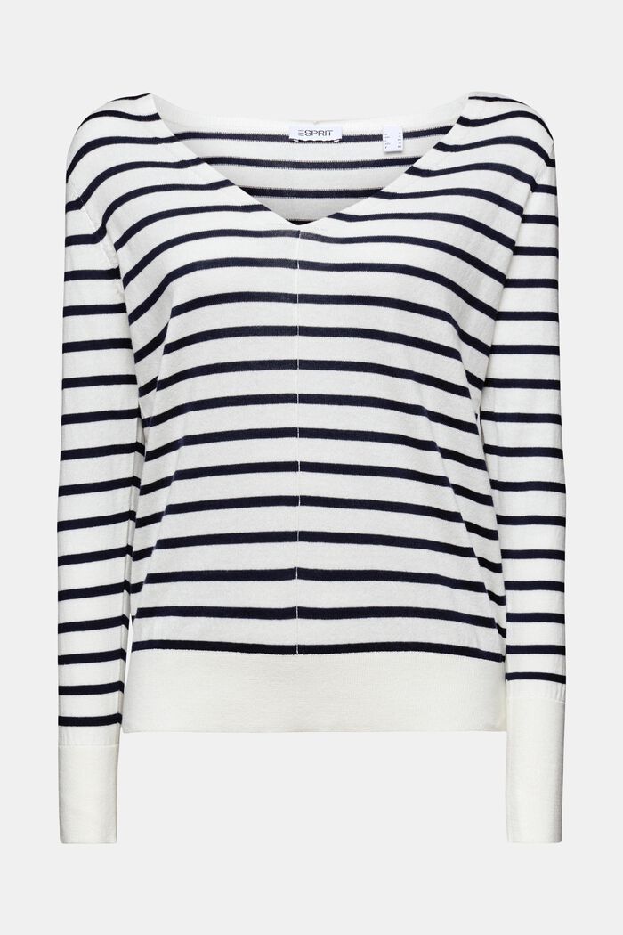 Striped Cotton V-Neck Sweater, OFF WHITE, detail image number 6