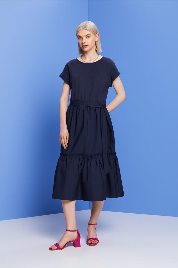 Fabric mix midi dress, 100% cotton, NAVY, detail image number 0