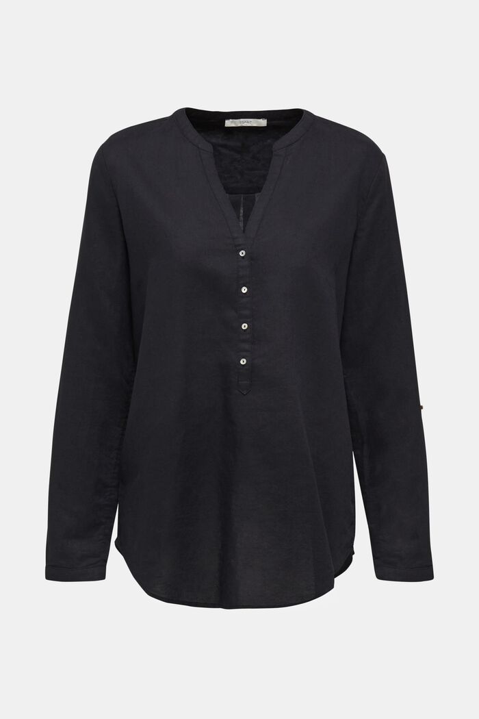 Made of blended linen: Henley blouse, BLACK, detail image number 0