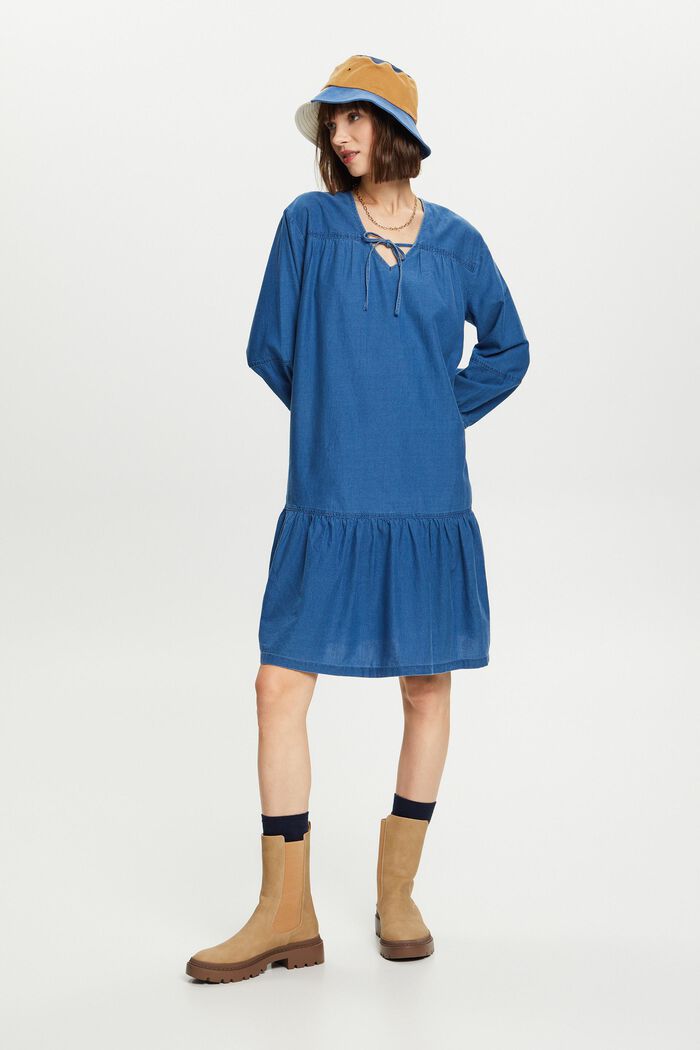 Tie-Neck Ruffled Chambray Dress, NAVY, detail image number 1