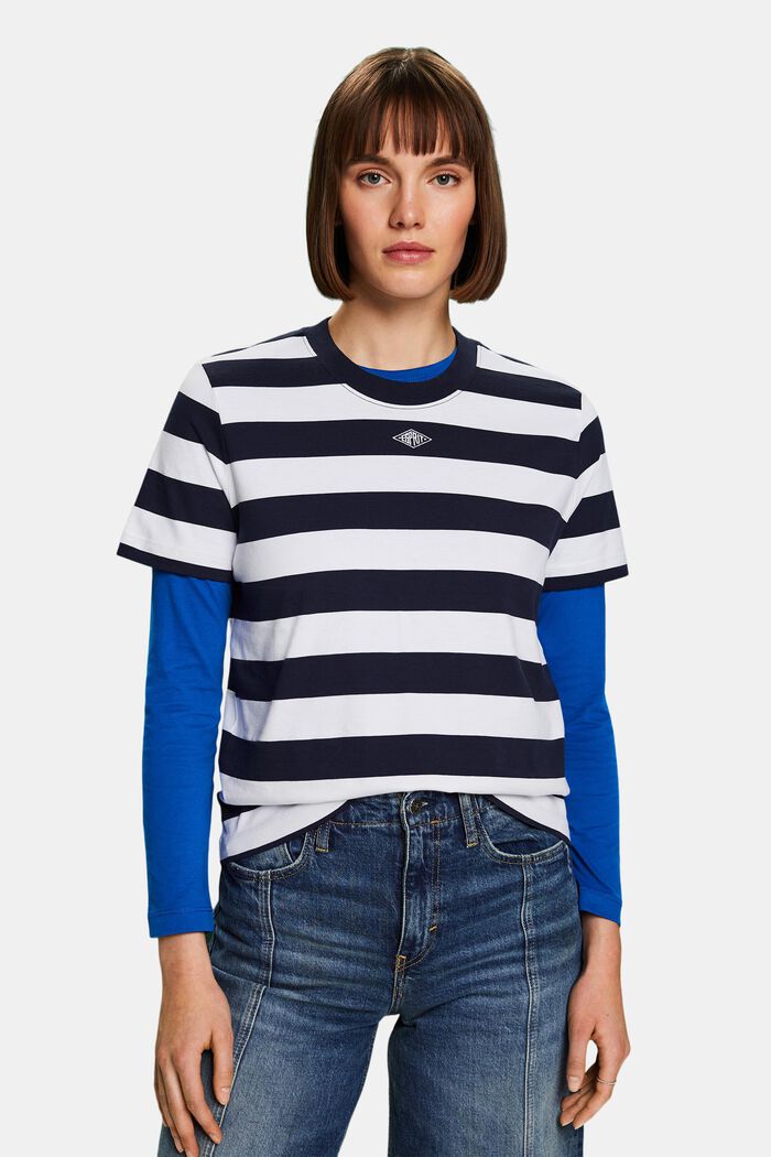 Pima Cotton Striped Embroidered Logo T-Shirt, NAVY, detail image number 0