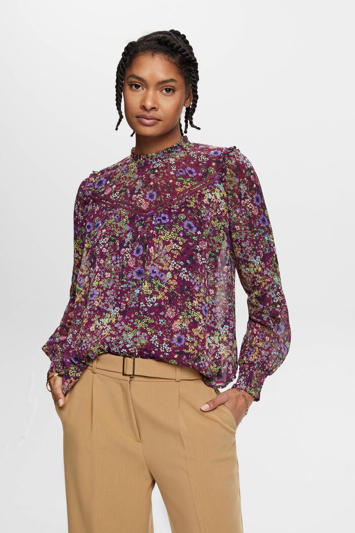 Floral chiffon blouse with ruffles, VIOLET, detail image number 0