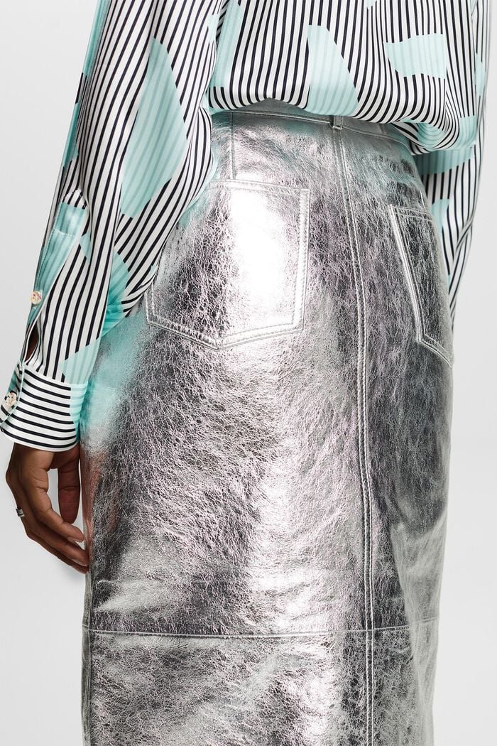 Coated Metallic Leather Skirt, SILVER, detail image number 3