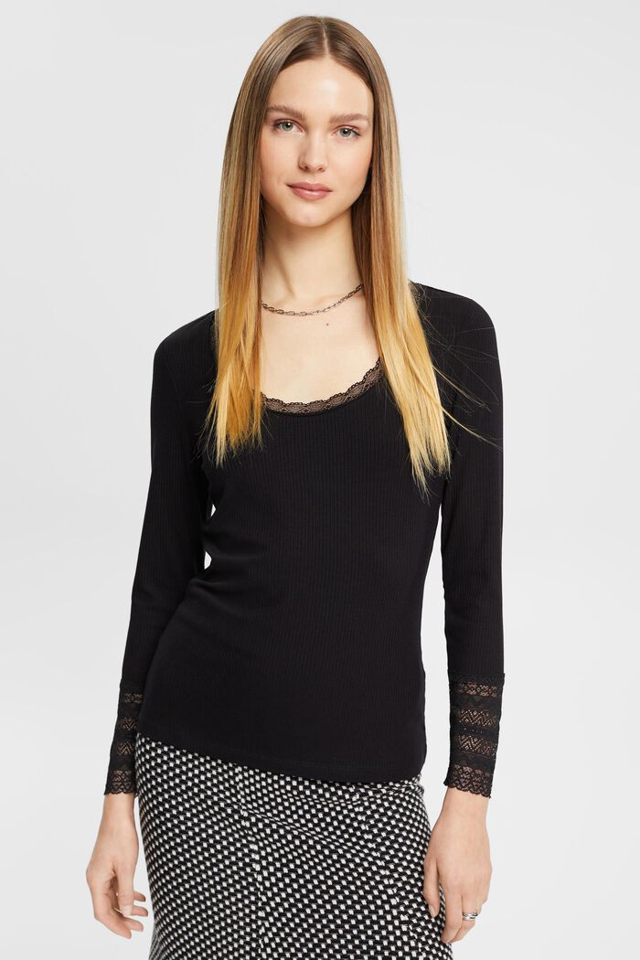 Ribbed long-sleeved top with lace details, BLACK, detail image number 0