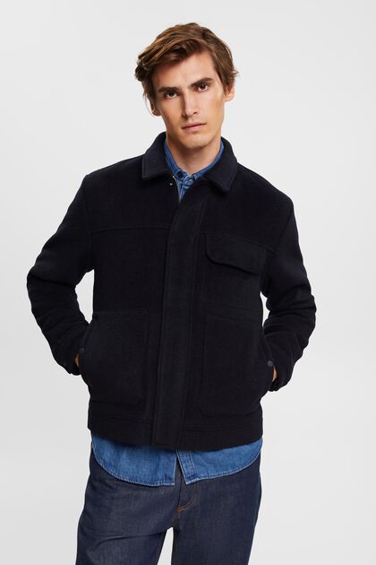 Wool blend trucker jacket, NAVY, overview