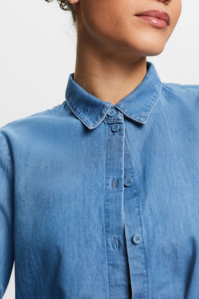 Cropped Denim Shirt Blouse, BLUE LIGHT WASHED, detail image number 3