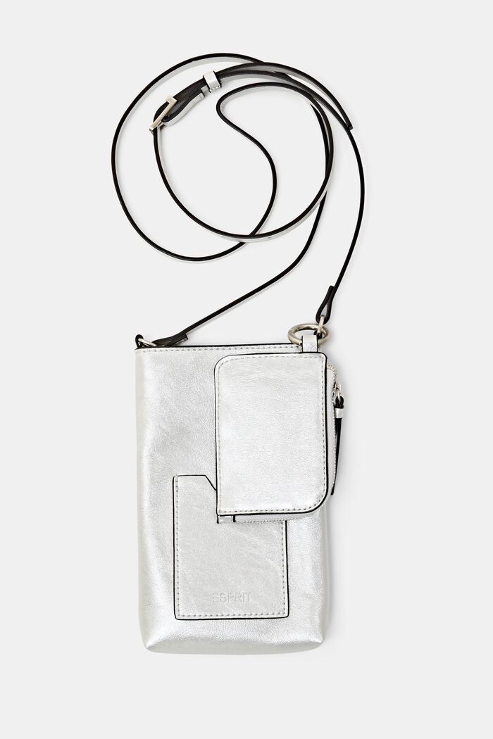 Faux Leather Crossbody Phone Pouch, SILVER, detail image number 0