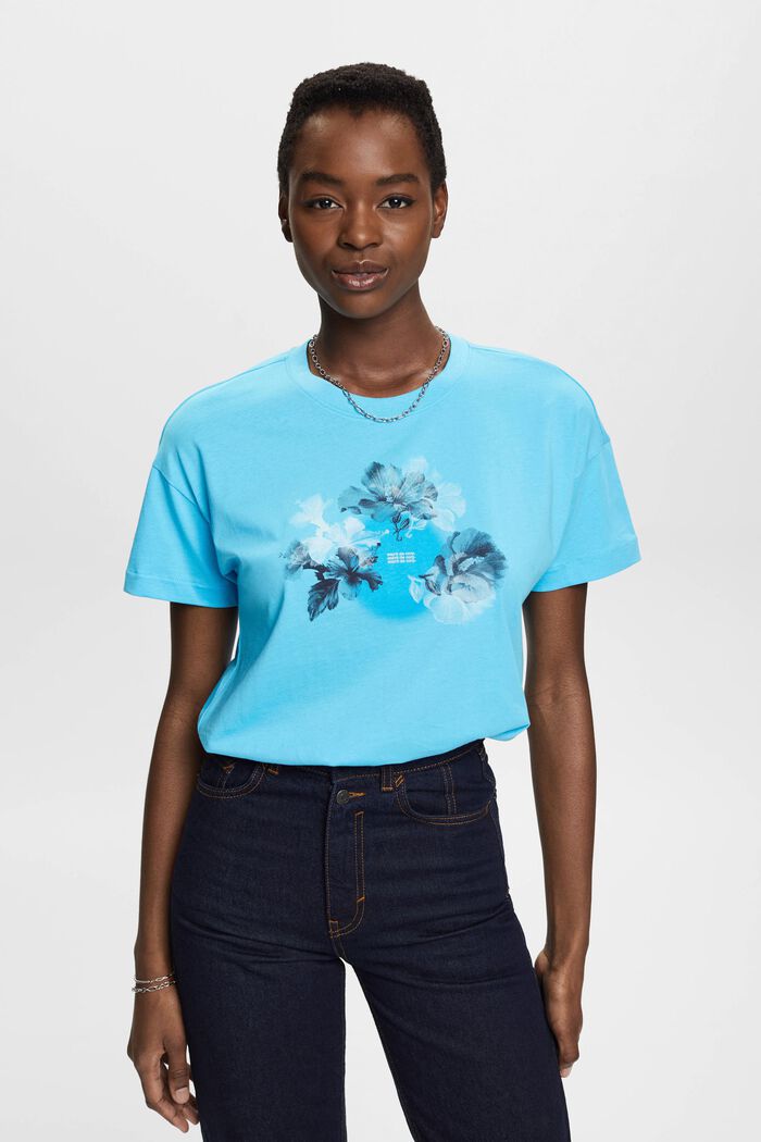 Cotton t-shirt with print, TURQUOISE, detail image number 0