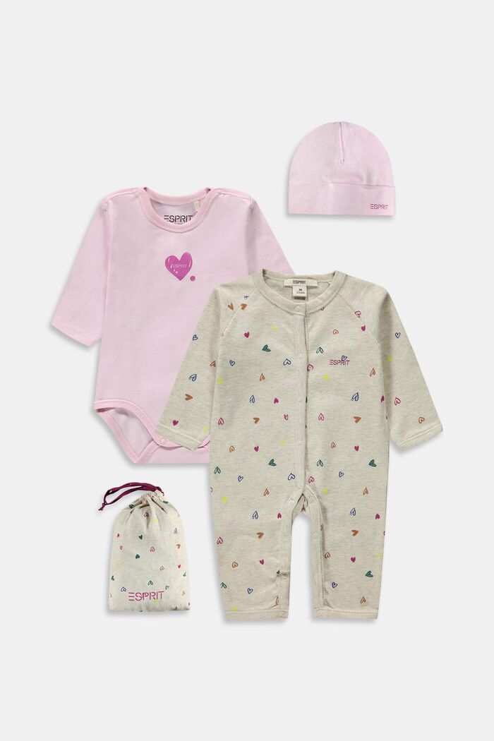 Mixed set: Sleepsuit, long-sleeved body, hat, BEIGE, overview