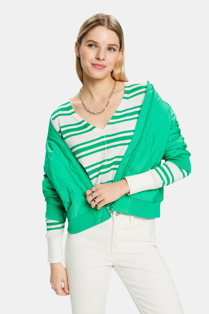Striped Cotton V-Neck Sweater, GREEN, detail image number 4