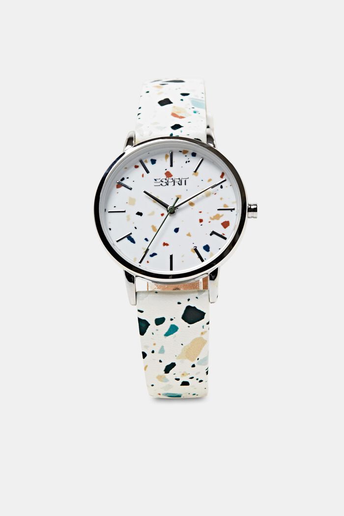 Stainless Steel Leather Strap Watch, WHITE/MULTICOLOR, detail image number 0