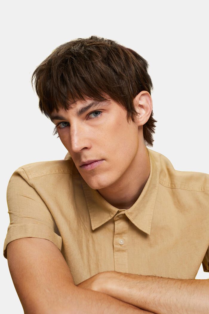 Linen and cotton blend short-sleeved shirt, BEIGE, detail image number 4
