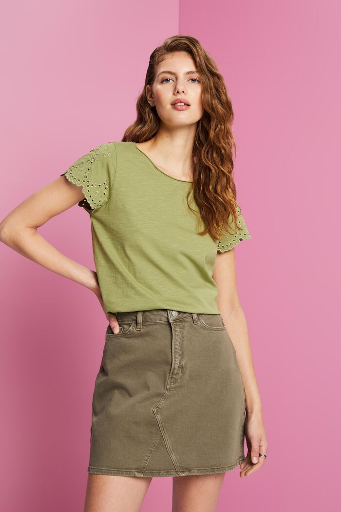 Eyelet Sleeve Cotton T-Shirt, PISTACHIO GREEN, detail image number 0