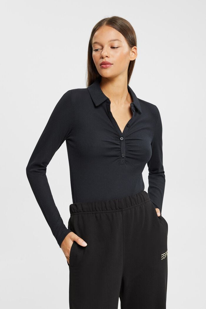 Ribbed long sleeve top with polo collar
