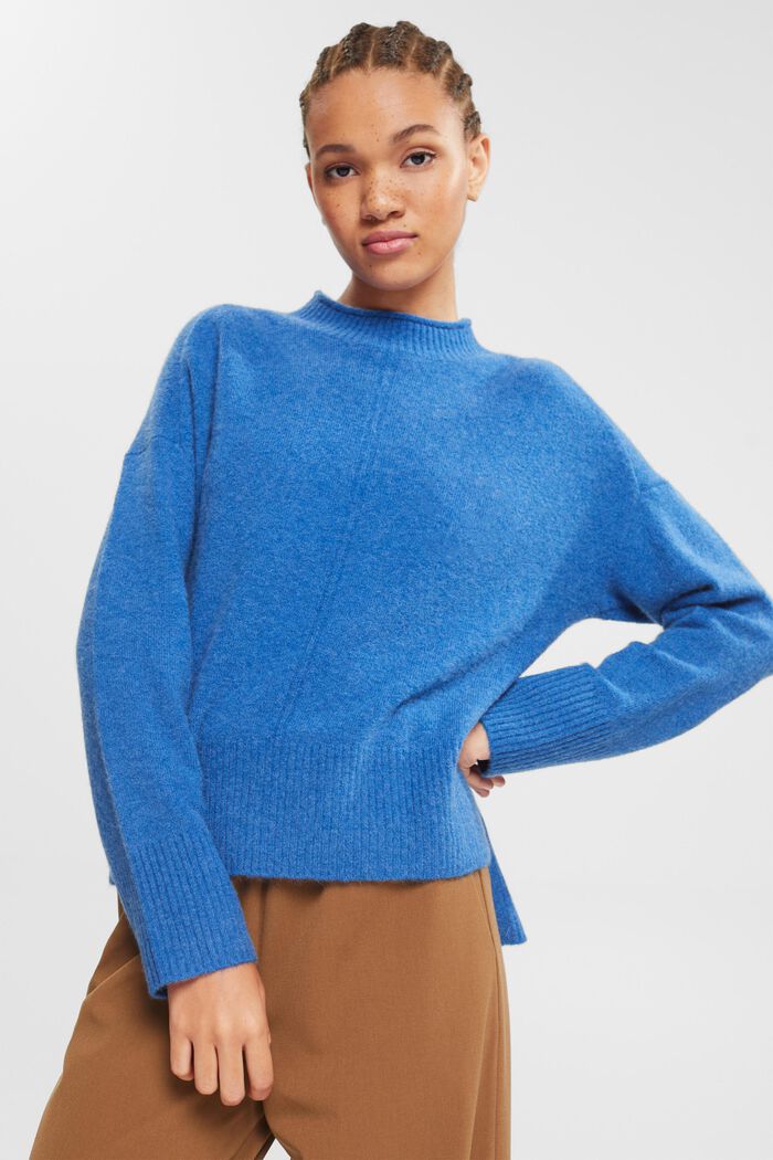 Wool blend: fluffy jumper with stand-up collar, BRIGHT BLUE, detail image number 1