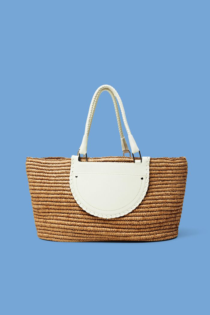 Raffia shopper with faux leather details, OFF WHITE, detail image number 0