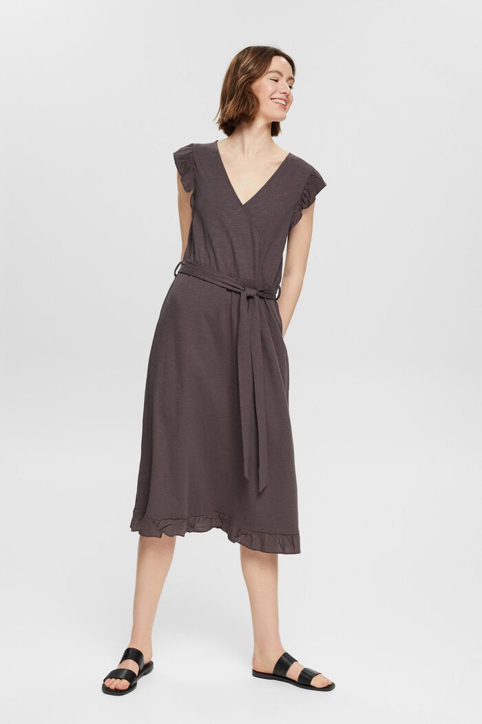Containing TENCEL™: midi dress with a tie-around belt, ANTHRACITE, overview