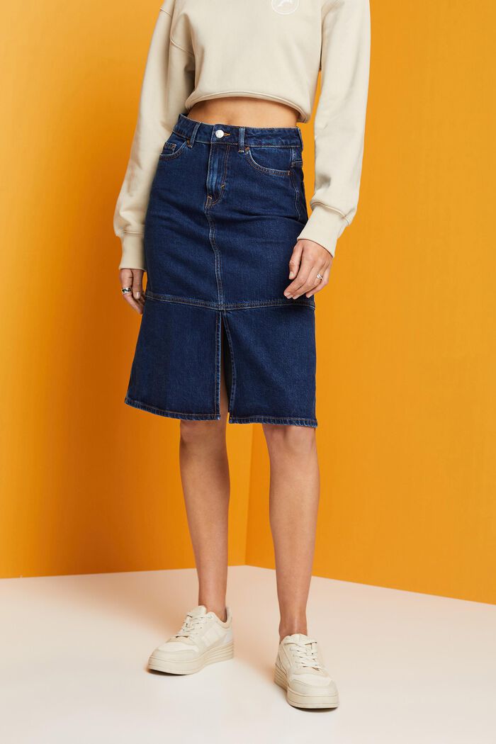 Knee-length denim skirt at our online