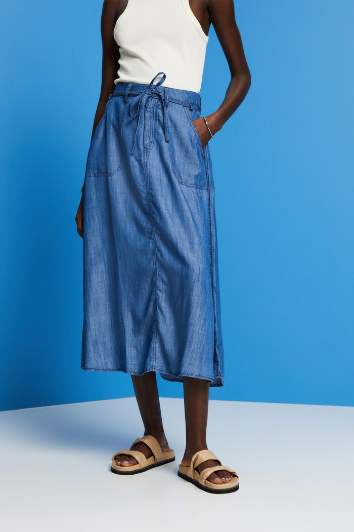 Made of TENCEL™: Denim-look midi skirt, BLUE MEDIUM WASHED, detail image number 0