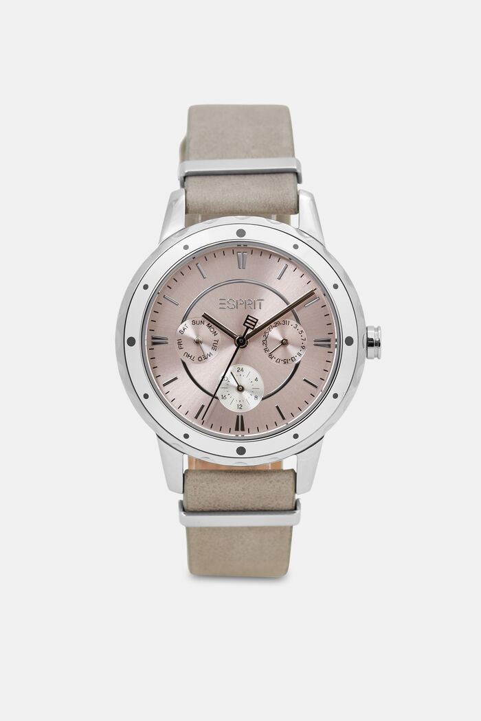 Multi-functional watch with a leather strap, LIGHT GREY, overview