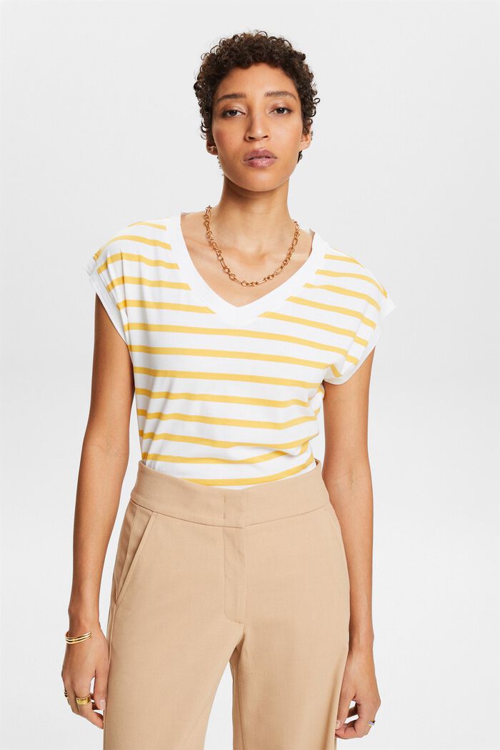 Striped V-Neck T-Shirt, SUNFLOWER YELLOW, detail image number 0