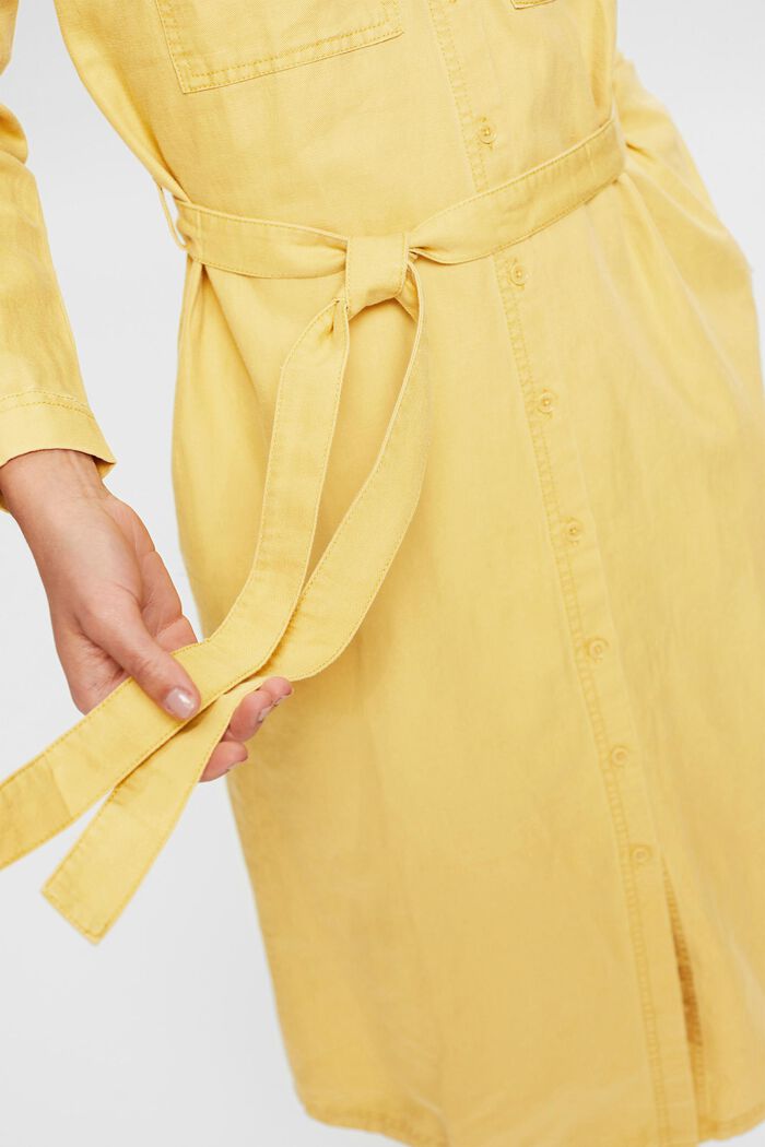 Made of blended linen: shirt dress with a belt, YELLOW, detail image number 3