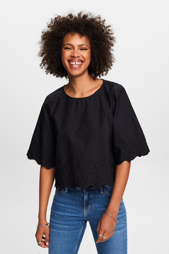 Embroidered Bell Sleeve Blouse, BLACK, detail image number 0