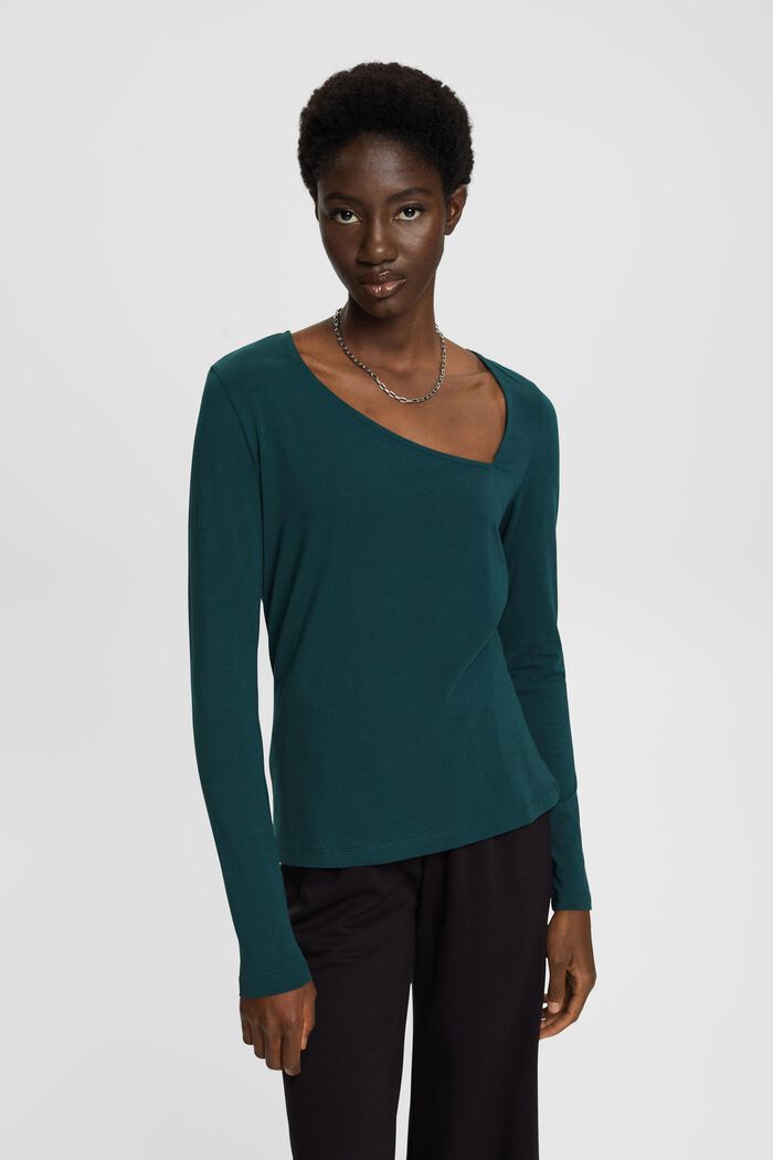 Long-sleeved top with asymmetric neckline, DARK TEAL GREEN, detail image number 0