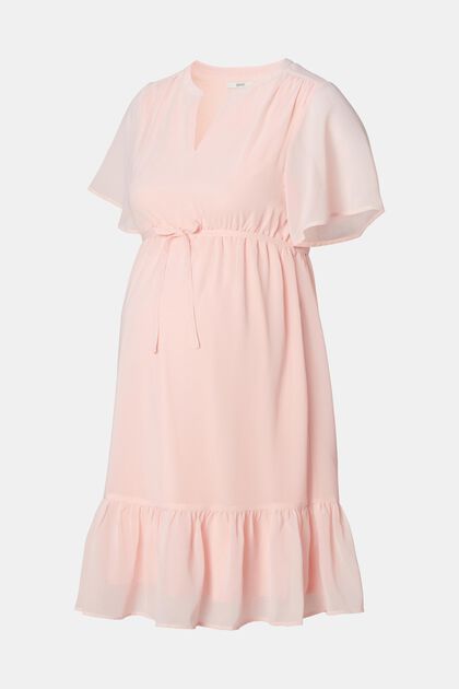 Made of recycled material: chiffon dress with flounces, LIGHT PINK, overview
