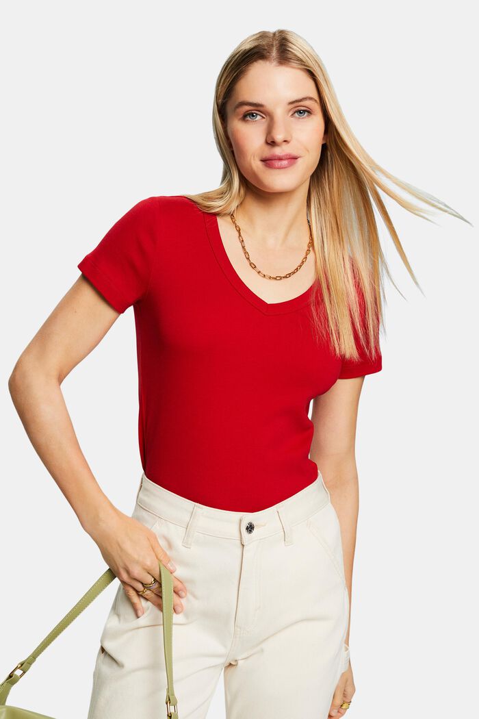 V-Neck Cotton T-Shirt, DARK RED, detail image number 0