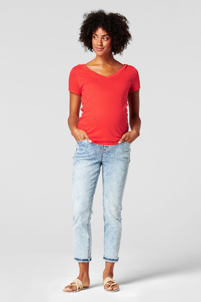 Linen blend: double V-neck T-shirt, RED, detail image number 0