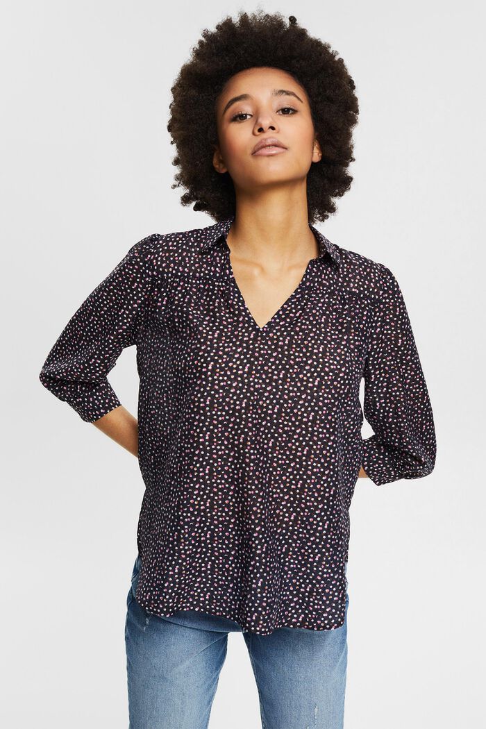 Patterned blouse with linen, NAVY, detail image number 0