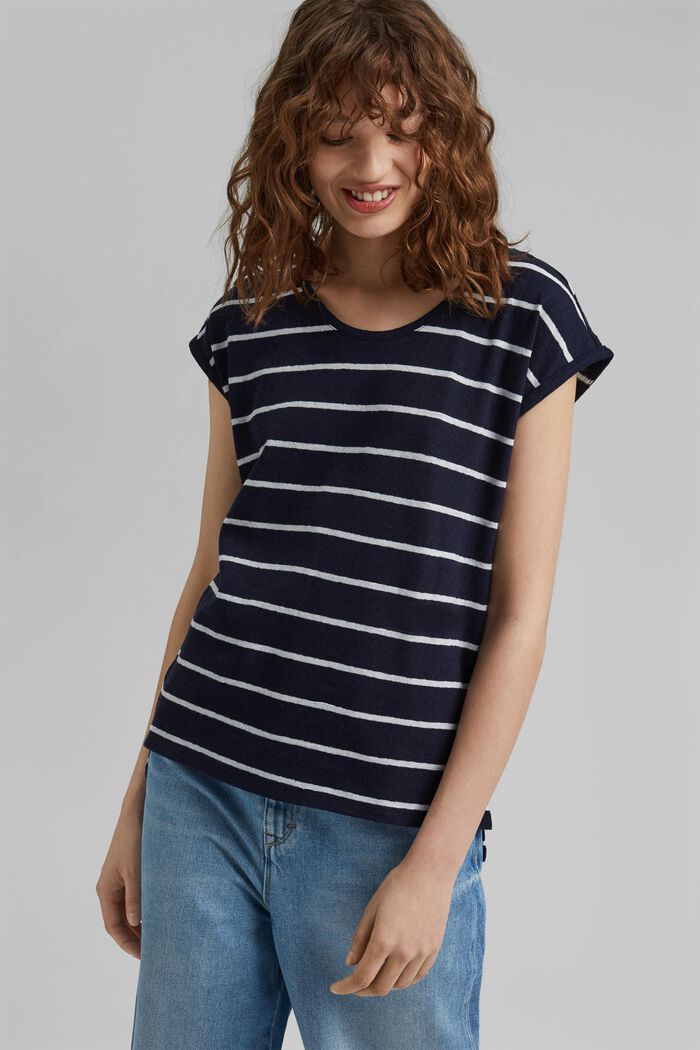 Linen blend: T-shirt with stripes, NAVY, detail image number 0