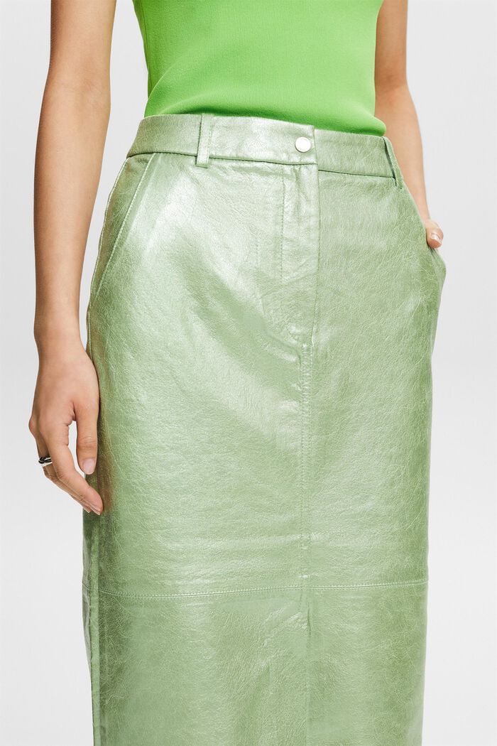Coated Metallic Midi Skirt, LIGHT AQUA GREEN, detail image number 4
