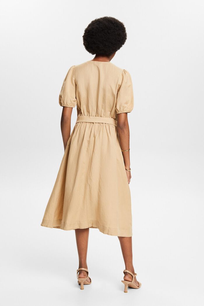 Belted Puff-Sleeve Midi Dress, BEIGE, detail image number 2