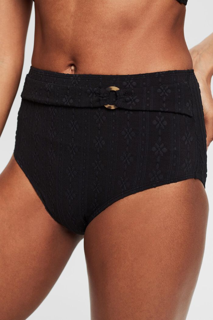 High-waisted bikini bottoms with a textured pattern, BLACK, detail image number 1