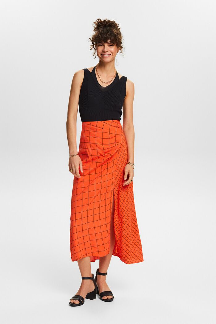 Gathered Grid Print Midi Skirt, BRIGHT ORANGE, detail image number 4