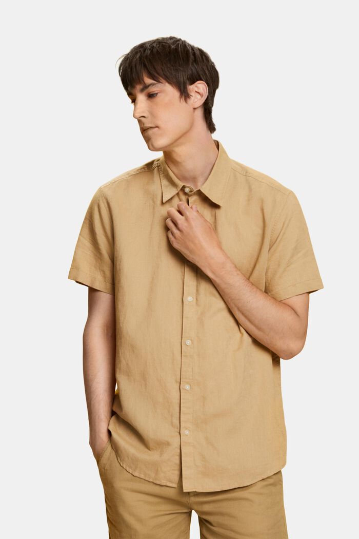 Linen and cotton blend short-sleeved shirt, BEIGE, detail image number 0