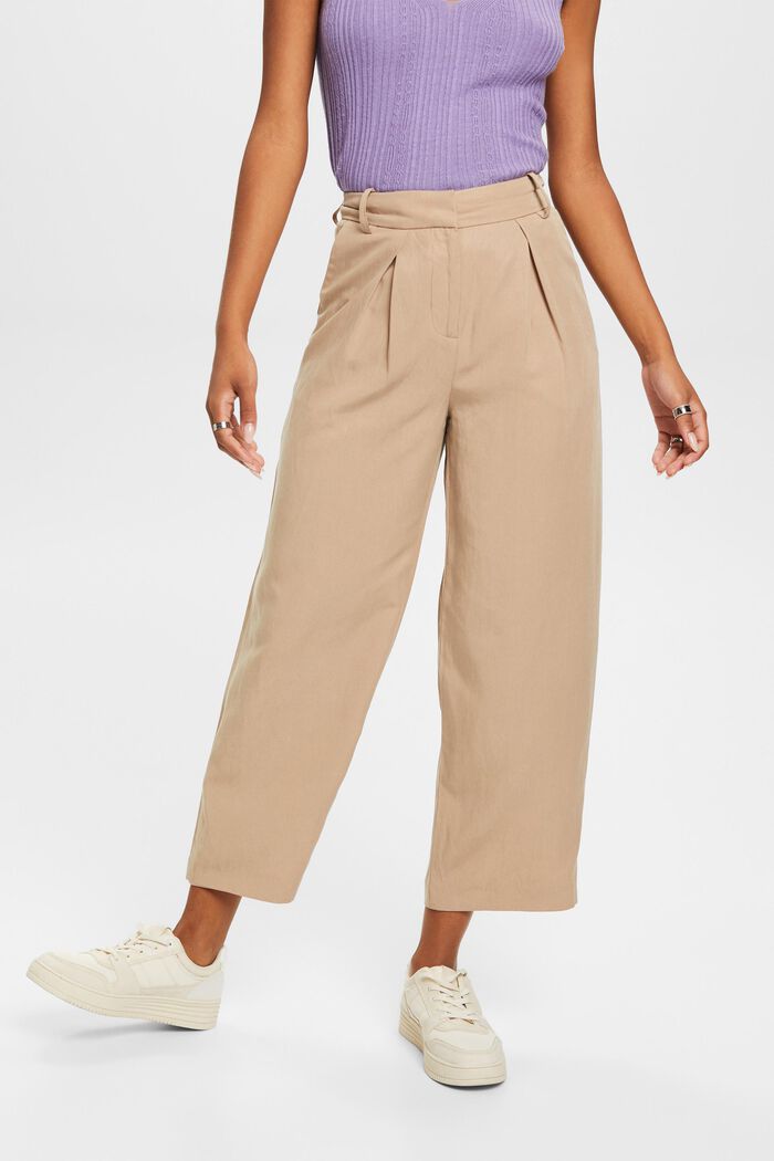 High-rise cropped wide leg trousers with linen, TAUPE, detail image number 0