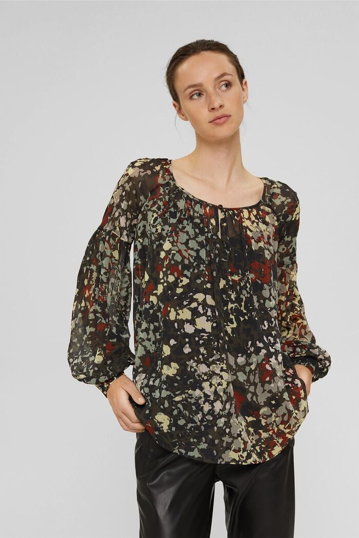 Recycled: floral blouse in chiffon, DARK KHAKI, detail image number 0