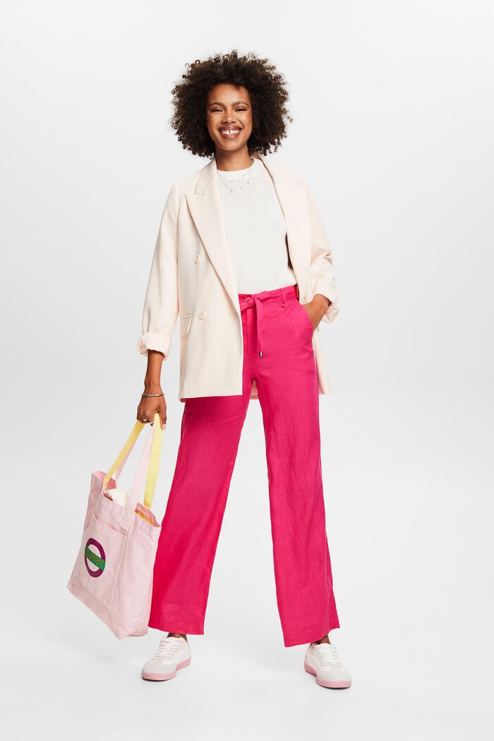 Linen Belted Wide Leg Pants, PINK FUCHSIA, detail image number 1