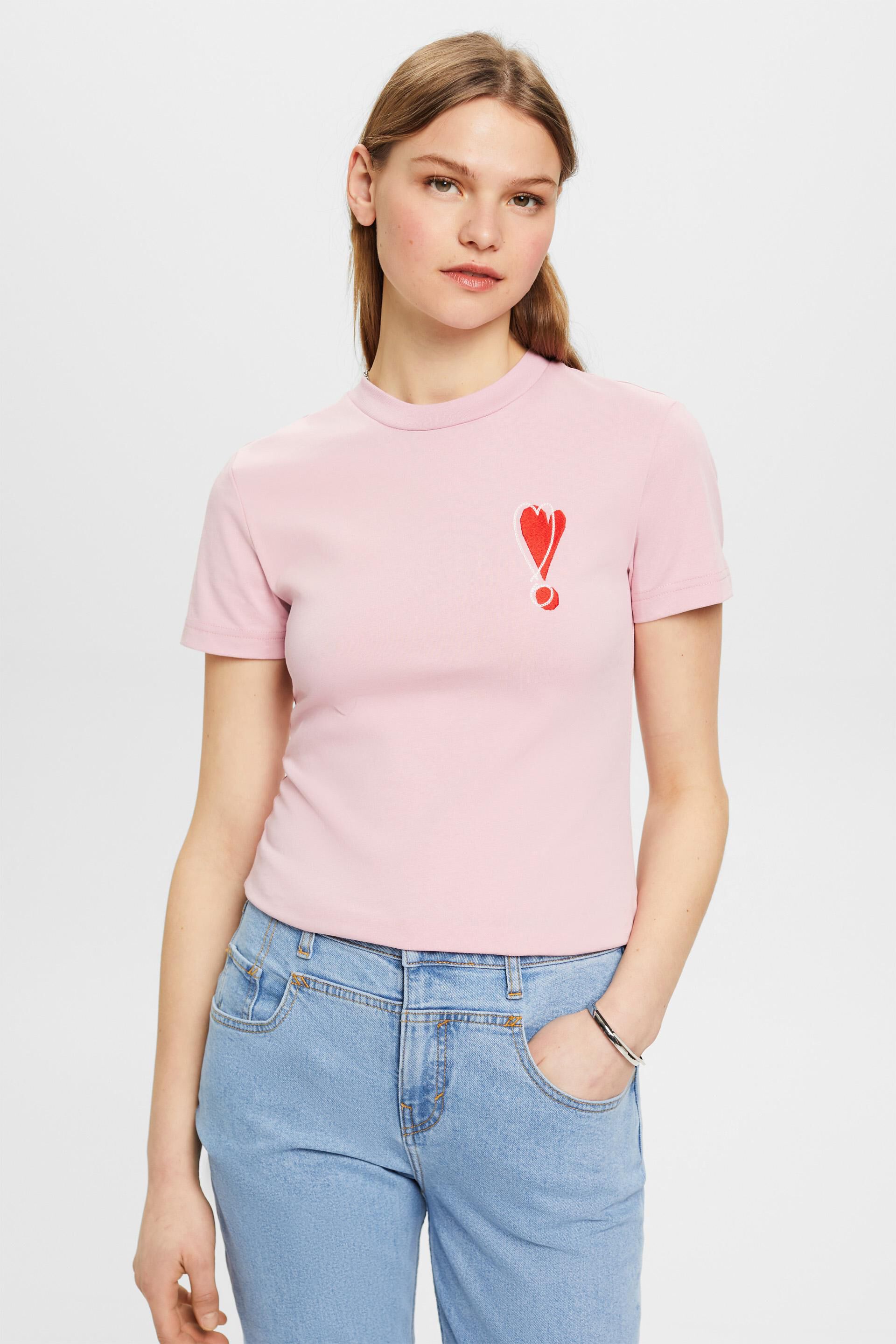 ESPRIT - Cotton T-shirt with embroidered heart motif at our online shop