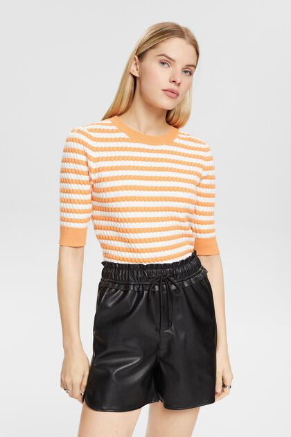 Striped bubble knit sweater with cropped sleeves