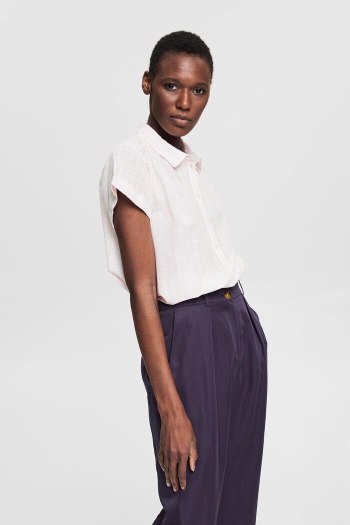 Check blouse with a mid-length button placket